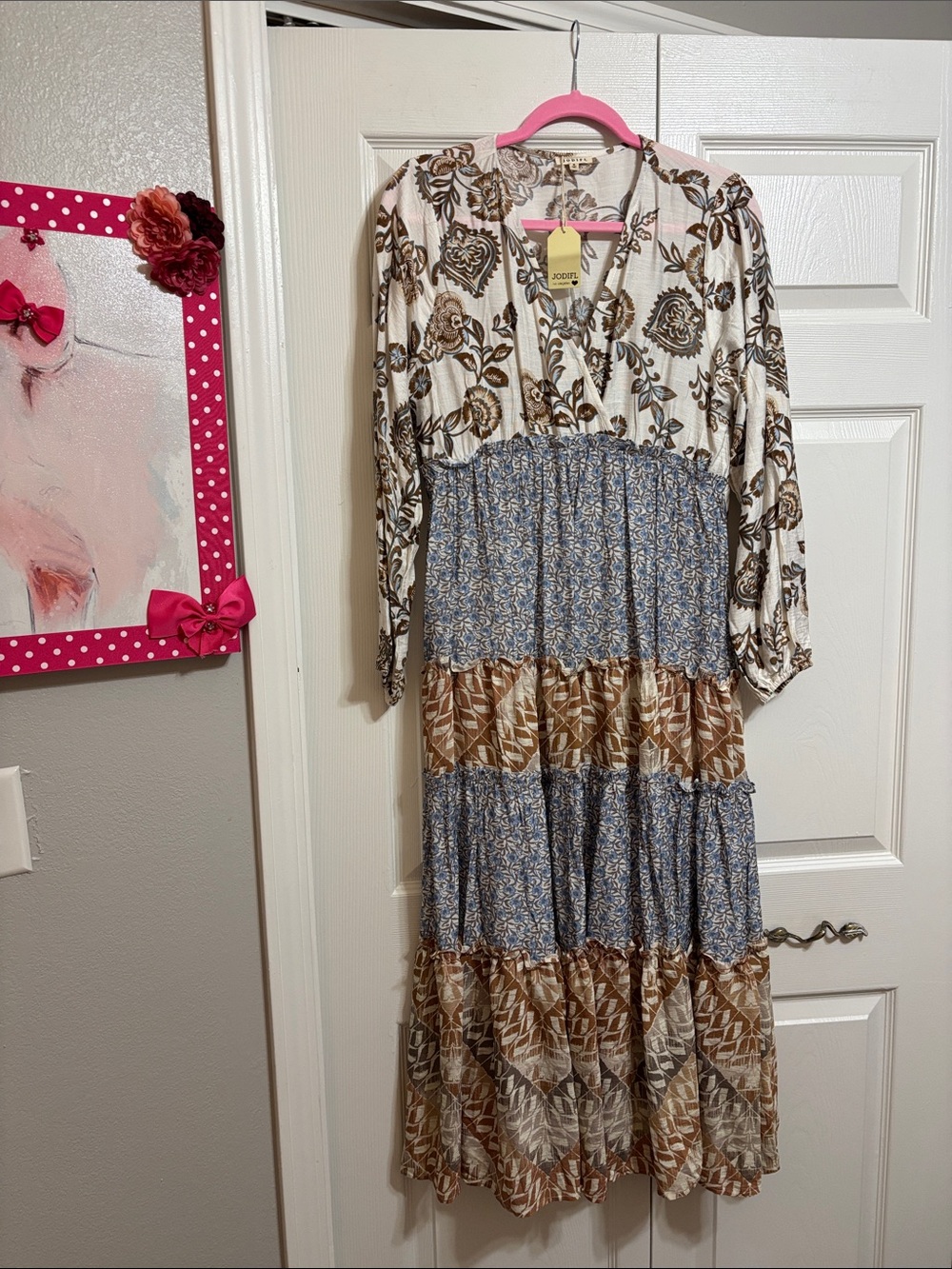 JODIFL Tiered Maxi Dress in Cream, Blue & Brown